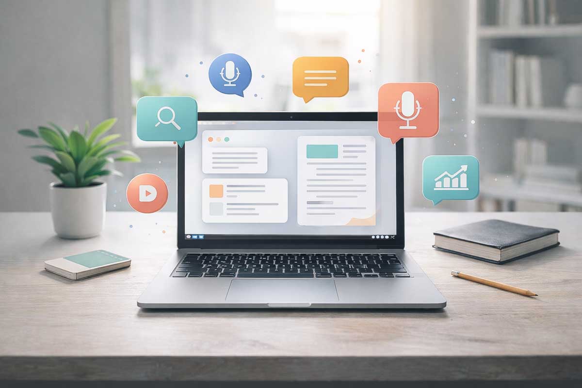 A laptop open on a desk surrounded by AI icons